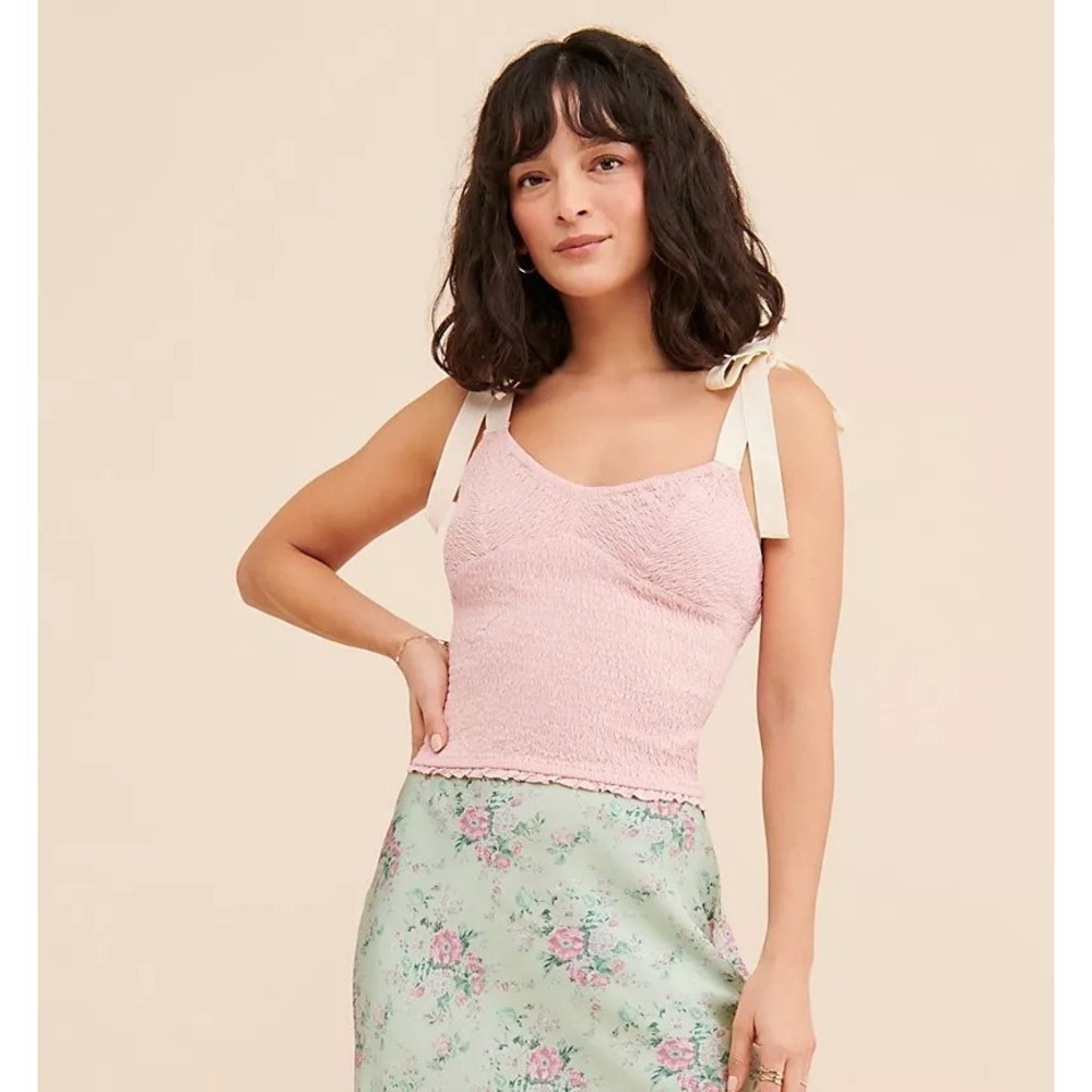 Free People Pink Smocked Crop Top Dollcore Cotton Bows Coquette Girl Size M Vaca